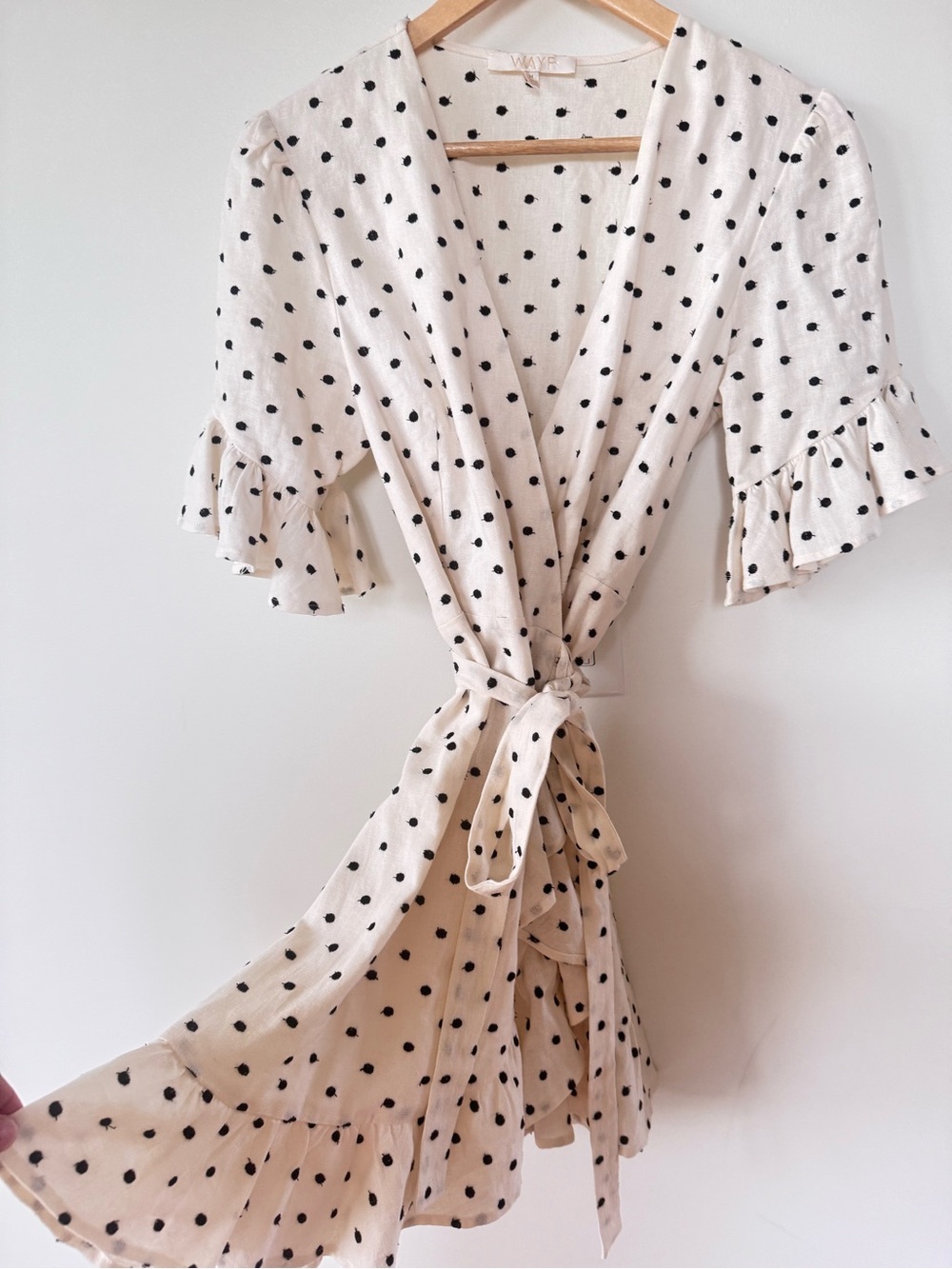 WAYF Linen Blend Polka Dot Wrap Dress Medium Cream Black Ruffle Sleeve
